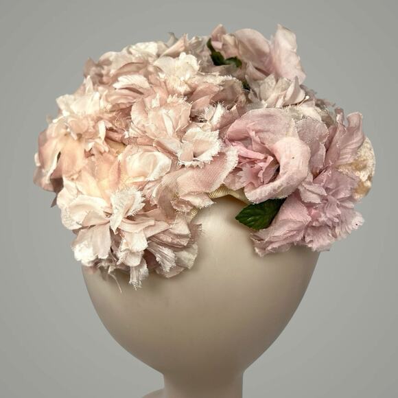 1950s Pink Floral Juliet Cap Bridal Hat Union Made Vintage